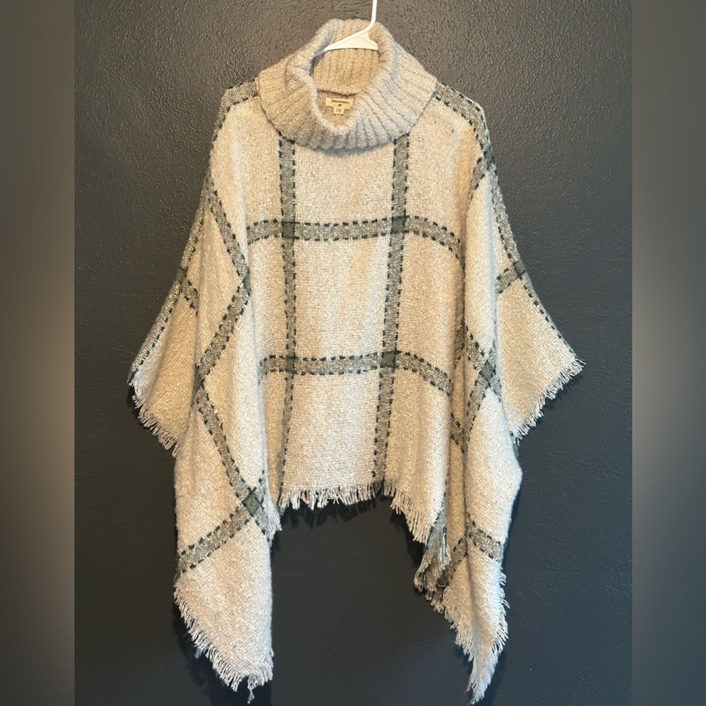 World Market Plaid Turtleneck Poncho in Sage Green and Cream